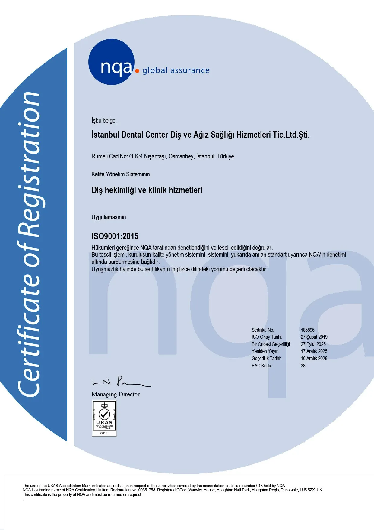 ISO 9001:2015 certificate of registration, NQA