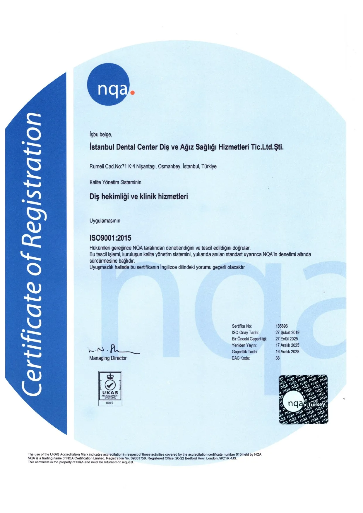 ISO 9001:2015 certificate of registration, NQA